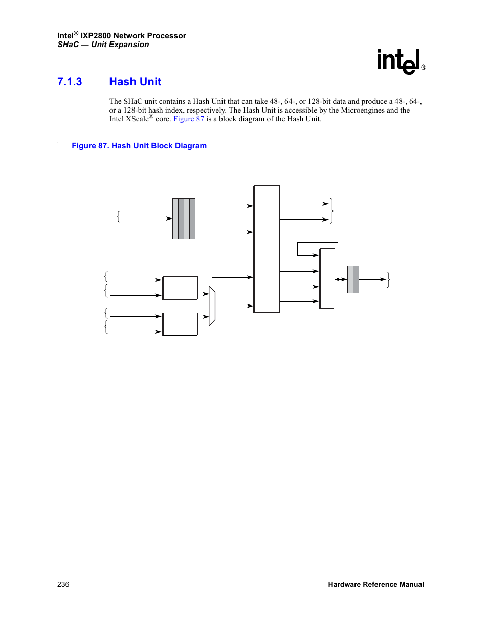 3 hash unit, Hash unit, 87 hash unit block diagram | Intel, Ixp2800 network processor shac — unit expansion, Figure 87. hash unit block diagram, 236 hardware reference manual | Intel NETWORK PROCESSOR IXP2800 User Manual | Page 236 / 430
