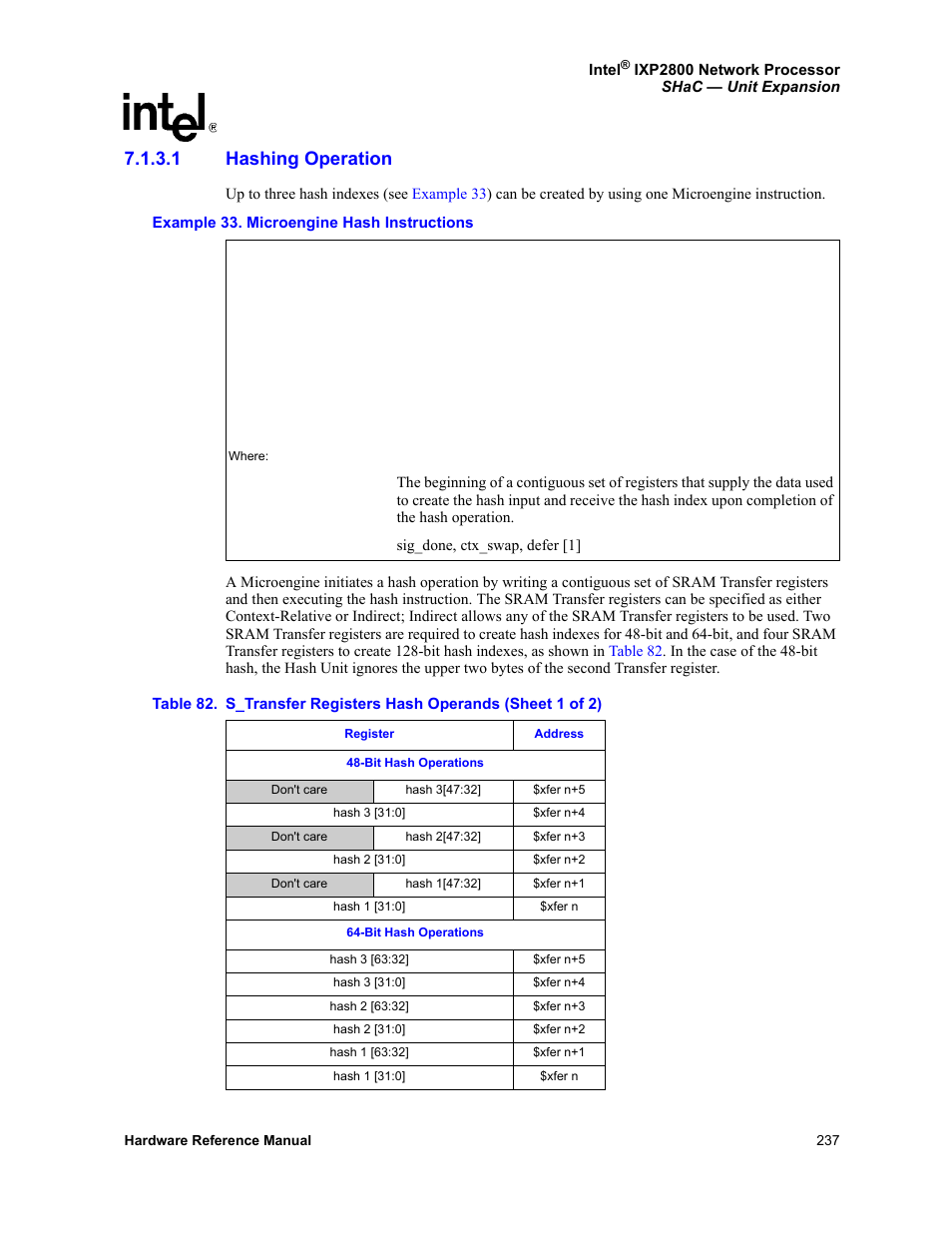 1 hashing operation, Hashing operation, 82 s_transfer registers hash operands | Intel NETWORK PROCESSOR IXP2800 User Manual | Page 237 / 430