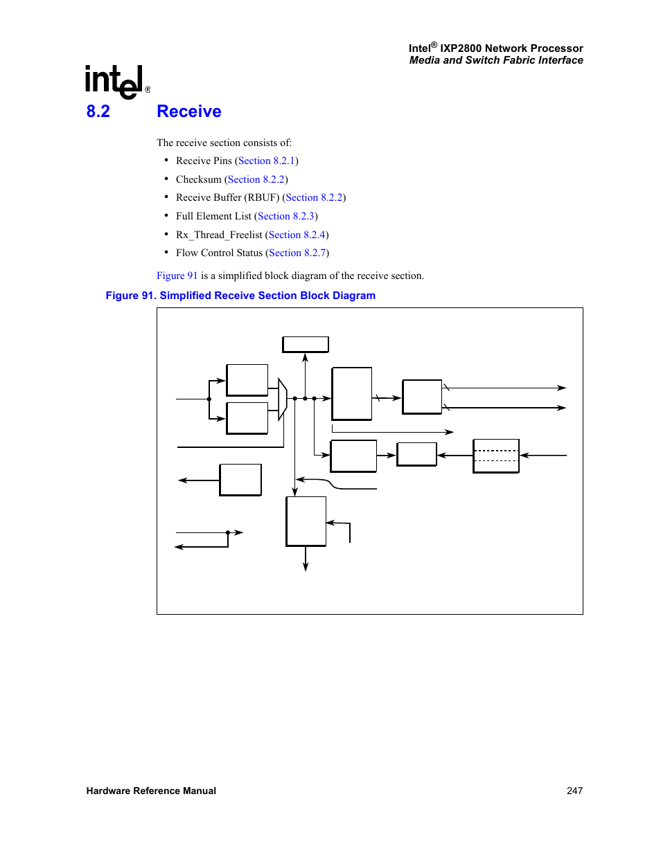 2 receive, Receive, 91 simplified receive section block diagram | Intel NETWORK PROCESSOR IXP2800 User Manual | Page 247 / 430