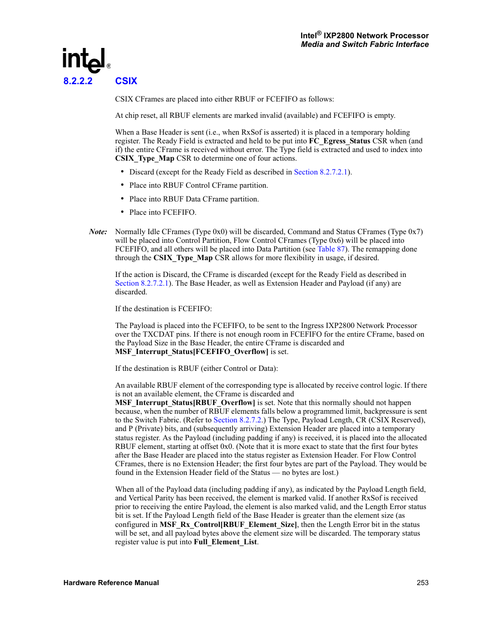 2 csix, Csix, Section 8.2.2.2 | Intel NETWORK PROCESSOR IXP2800 User Manual | Page 253 / 430