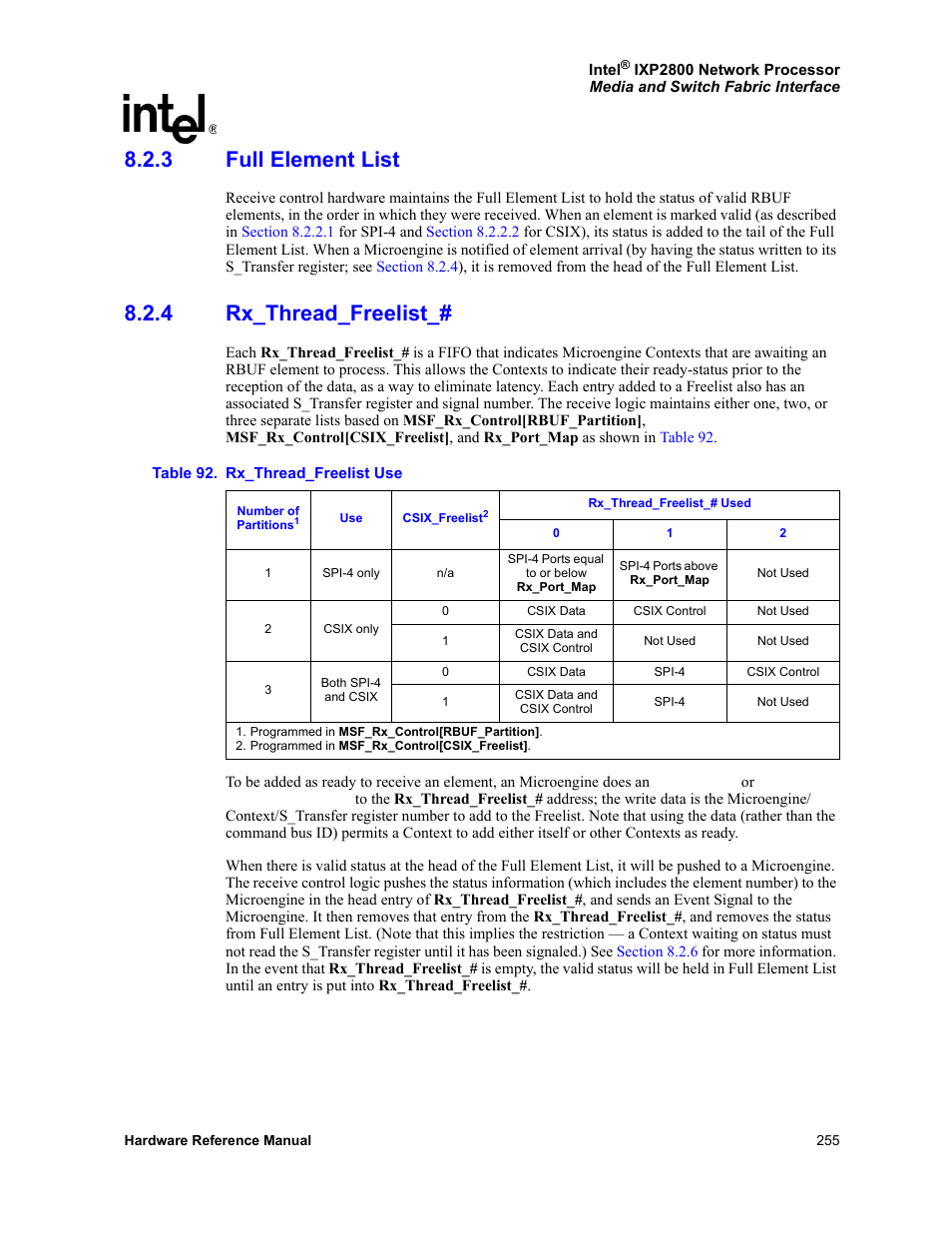 3 full element list, 4 rx_thread_freelist, Full element list | Rx_thread_freelist, 92 rx_thread_freelist use, Section 8.2.3, Section 8.2.4 | Intel NETWORK PROCESSOR IXP2800 User Manual | Page 255 / 430