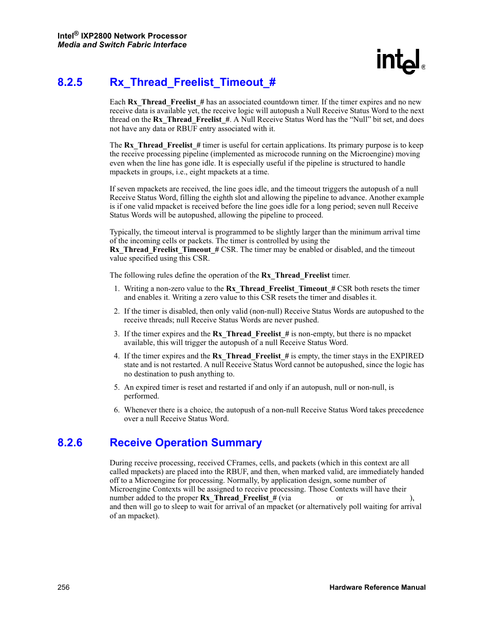 5 rx_thread_freelist_timeout, 6 receive operation summary, Rx_thread_freelist_timeout | Receive operation summary, Has been signaled.) see, Section 8.2.6, For more inf | Intel NETWORK PROCESSOR IXP2800 User Manual | Page 256 / 430