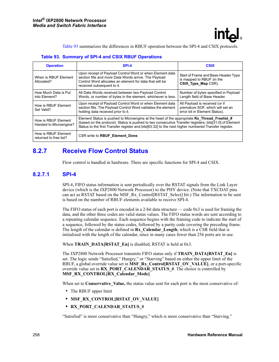 7 receive flow control status, 1 spi-4, Receive flow control status 8.2.7.1 | Spi-4, 93 summary of spi-4 and csix rbuf operations, Section 8.2.7 | Intel NETWORK PROCESSOR IXP2800 User Manual | Page 258 / 430