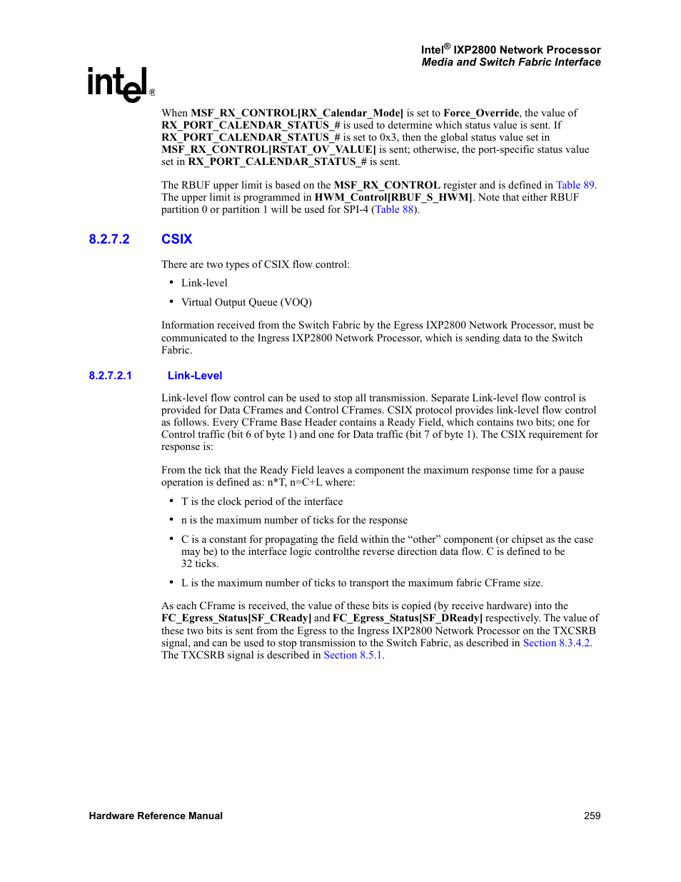 2 csix, 1 link-level, Csix | Described in, Section 8.2.7.2.1, Section 8.2.7.2, The t | Intel NETWORK PROCESSOR IXP2800 User Manual | Page 259 / 430