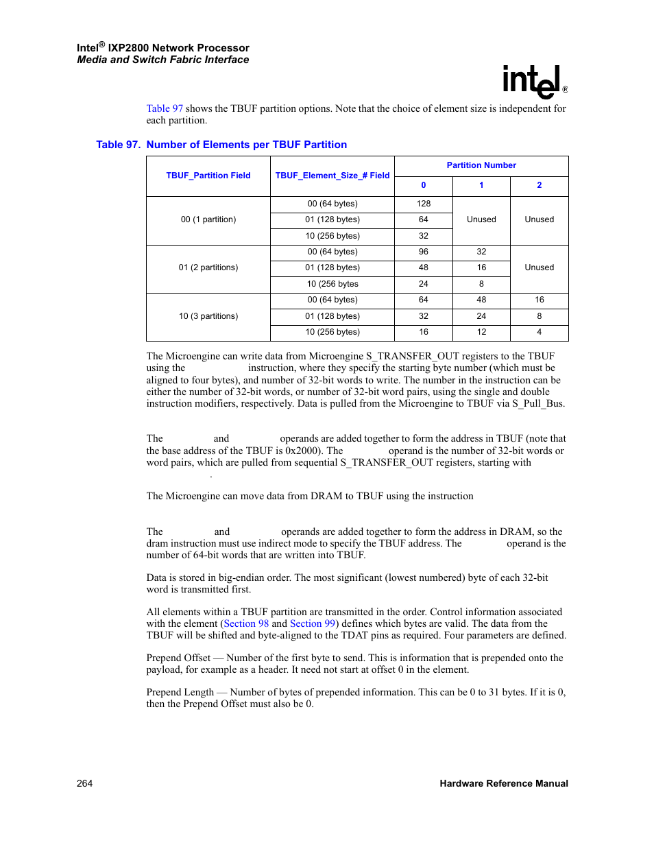 97 number of elements per tbuf partition | Intel NETWORK PROCESSOR IXP2800 User Manual | Page 264 / 430