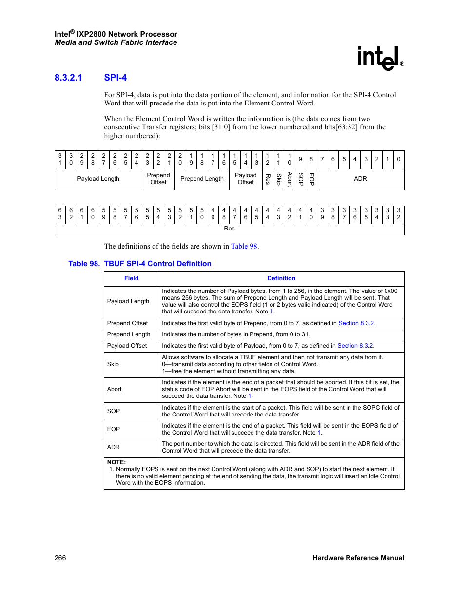 1 spi-4, Spi-4, 98 tbuf spi-4 control definition | The element, Section 98 | Intel NETWORK PROCESSOR IXP2800 User Manual | Page 266 / 430