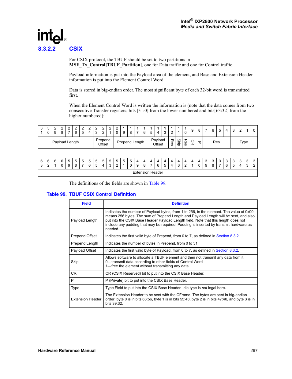 2 csix, Csix, 99 tbuf csix control definition | Section 99 | Intel NETWORK PROCESSOR IXP2800 User Manual | Page 267 / 430