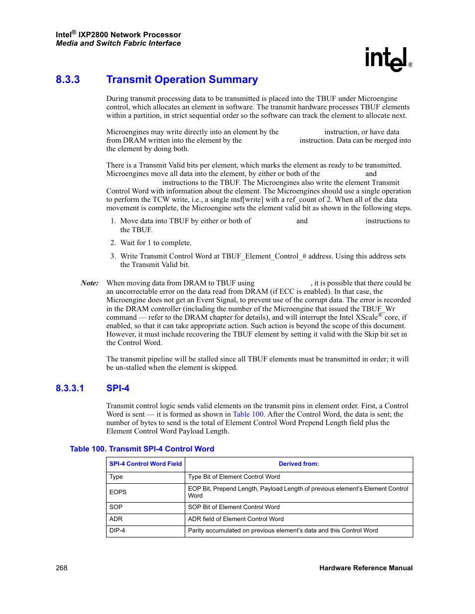 3 transmit operation summary, 1 spi-4, Transmit operation summary 8.3.3.1 | Spi-4, 100 transmit spi-4 control word, Section 8.3.3 | Intel NETWORK PROCESSOR IXP2800 User Manual | Page 268 / 430