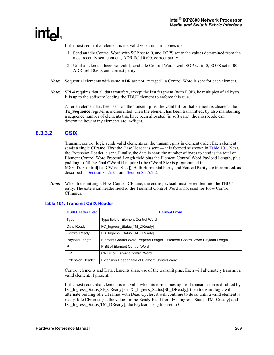 2 csix, Csix, 101 transmit csix header | Intel NETWORK PROCESSOR IXP2800 User Manual | Page 269 / 430