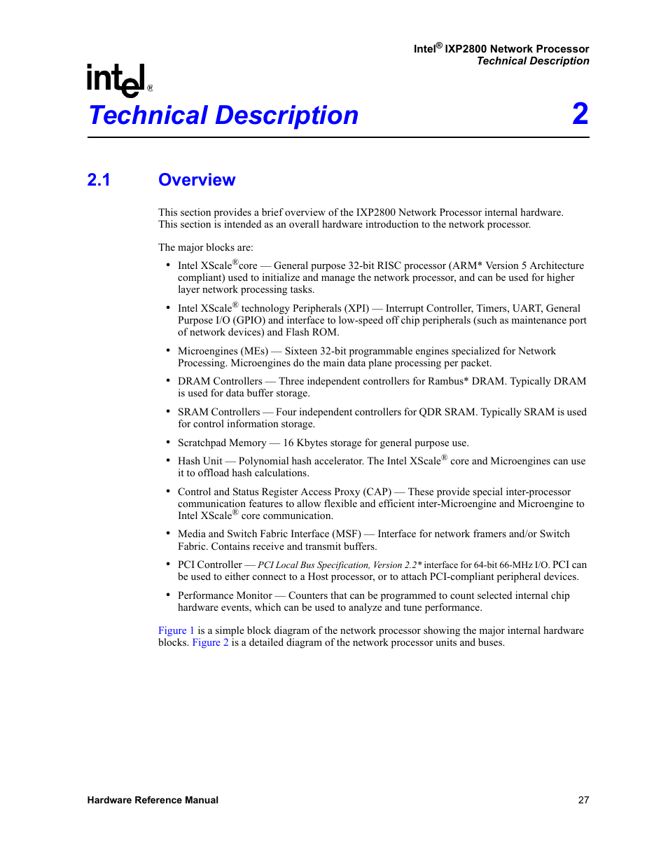 Technical description 2, 1 overview, Technical description | Overview, Section 2, “technical description, Contains | Intel NETWORK PROCESSOR IXP2800 User Manual | Page 27 / 430