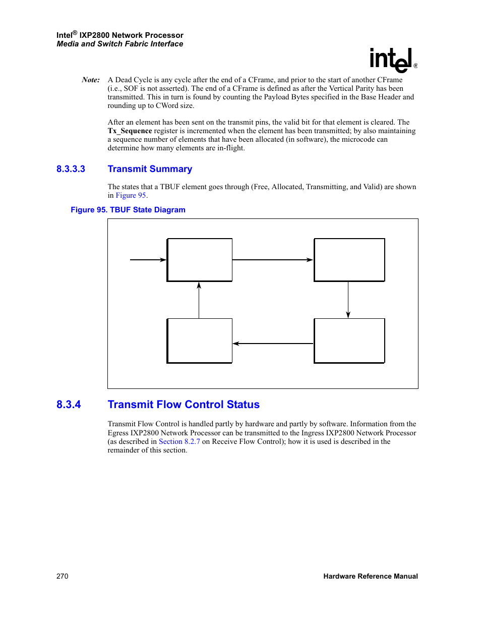 3 transmit summary, 4 transmit flow control status, Transmit summary | Transmit flow control status, 95 tbuf state diagram | Intel NETWORK PROCESSOR IXP2800 User Manual | Page 270 / 430