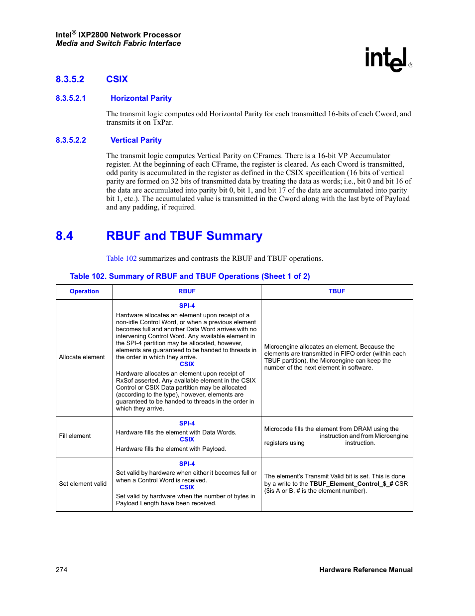 2 csix, 1 horizontal parity, 2 vertical parity | 4 rbuf and tbuf summary, Csix, Rbuf and tbuf summary, 102 summary of rbuf and tbuf operations, Section 8.3.5.2.1, Section 8.3.5.2.2 | Intel NETWORK PROCESSOR IXP2800 User Manual | Page 274 / 430