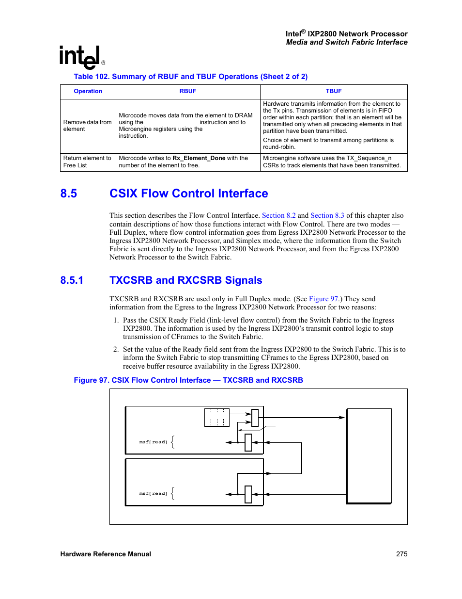 5 csix flow control interface, 1 txcsrb and rxcsrb signals, Csix flow control interface 8.5.1 | Txcsrb and rxcsrb signals, 97 csix flow control interface — txcsrb and rxcsrb, Section 8.5.1 | Intel NETWORK PROCESSOR IXP2800 User Manual | Page 275 / 430