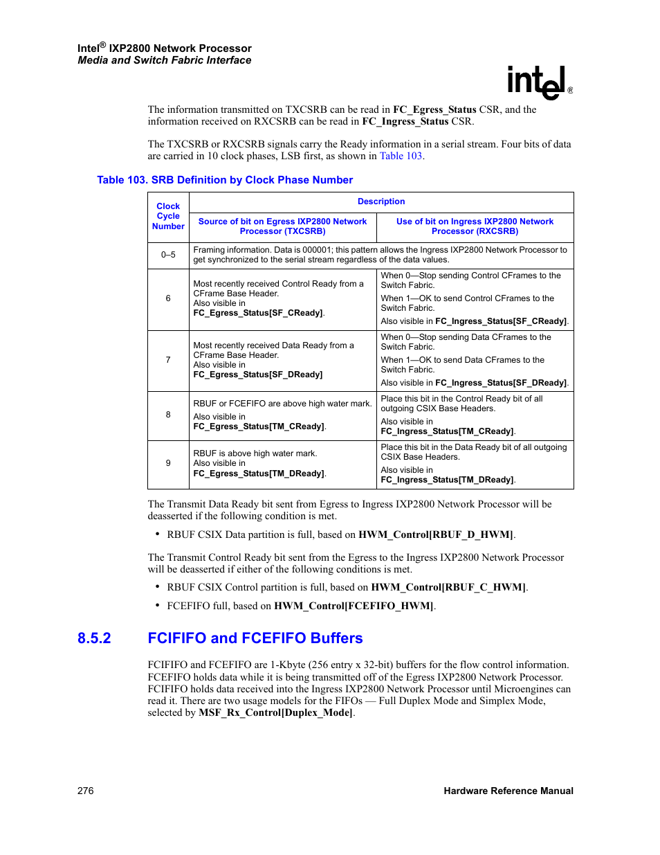 2 fcififo and fcefifo buffers, Fcififo and fcefifo buffers, 103 srb definition by clock phase number | Intel NETWORK PROCESSOR IXP2800 User Manual | Page 276 / 430