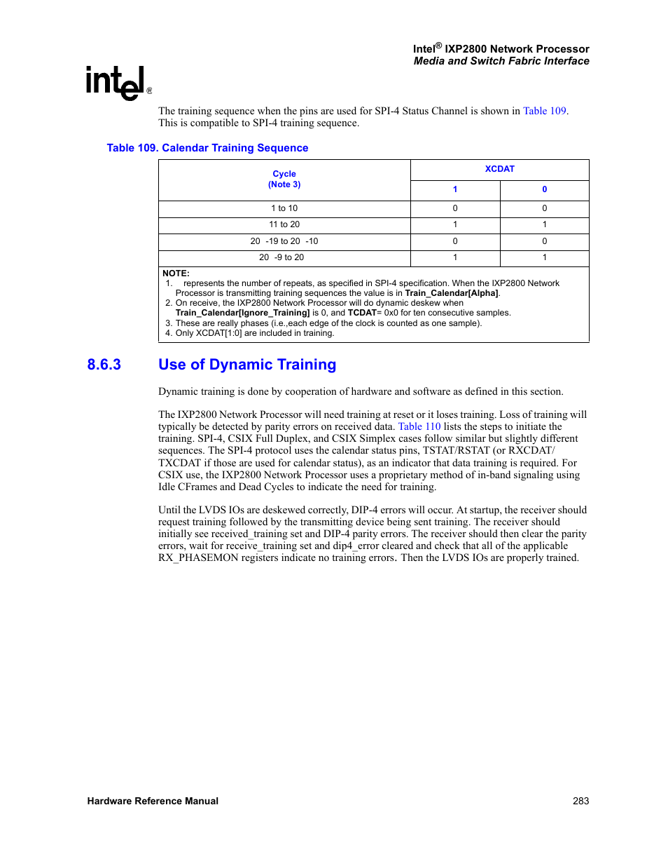 3 use of dynamic training, Use of dynamic training, 109 calendar training sequence | Intel NETWORK PROCESSOR IXP2800 User Manual | Page 283 / 430