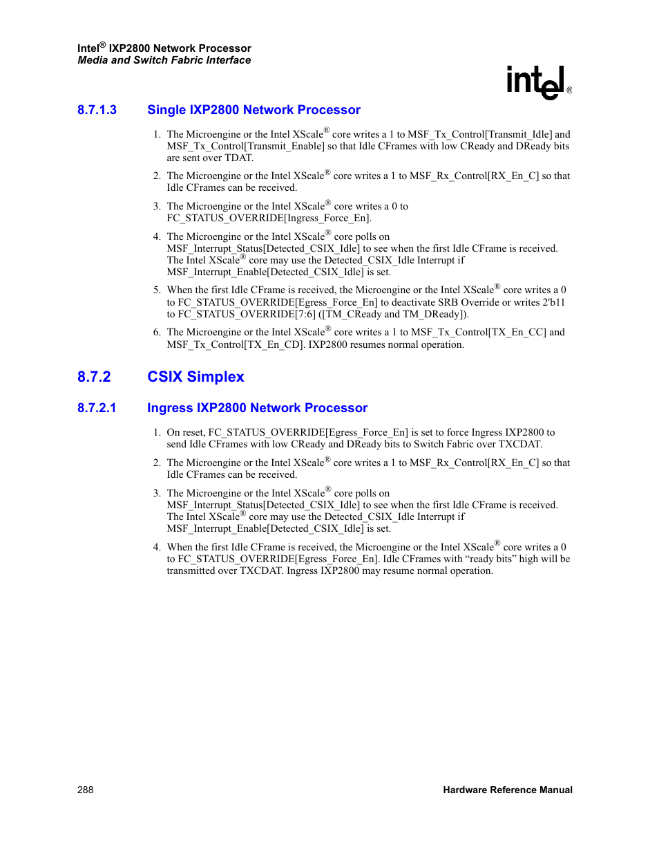 3 single ixp2800 network processor, 2 csix simplex, 1 ingress ixp2800 network processor | Single ixp2800 network processor, Csix simplex 8.7.2.1, Ingress ixp2800 network processor | Intel NETWORK PROCESSOR IXP2800 User Manual | Page 288 / 430