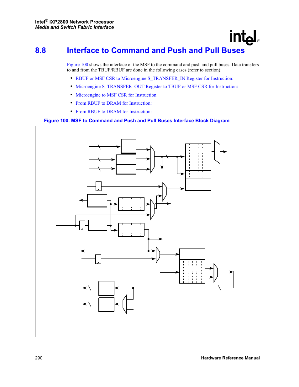 8 interface to command and push and pull buses, Interface to command and push and pull buses, Intel | Microengine to msf csr for instruction | Intel NETWORK PROCESSOR IXP2800 User Manual | Page 290 / 430