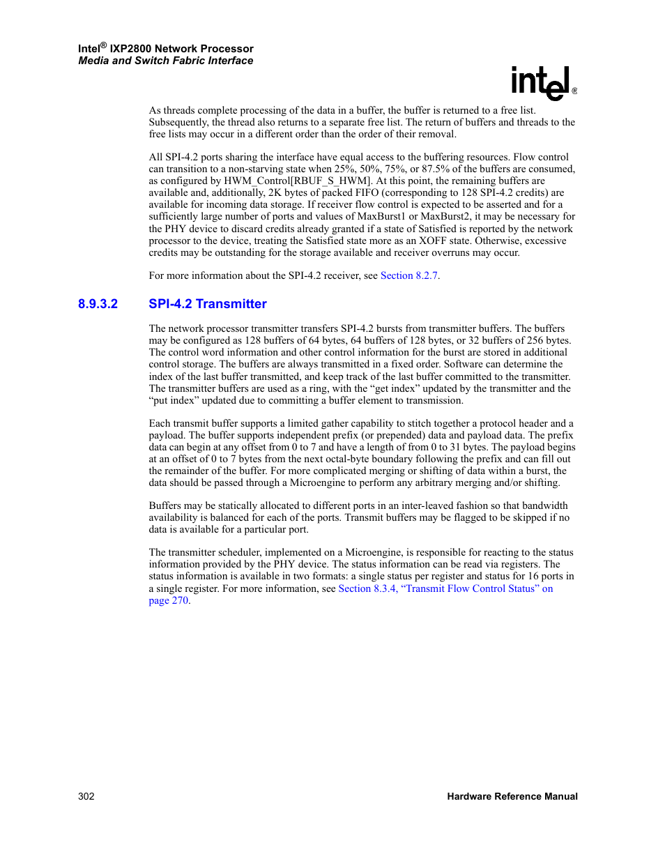 2 spi-4.2 transmitter, Spi-4.2 transmitter | Intel NETWORK PROCESSOR IXP2800 User Manual | Page 302 / 430