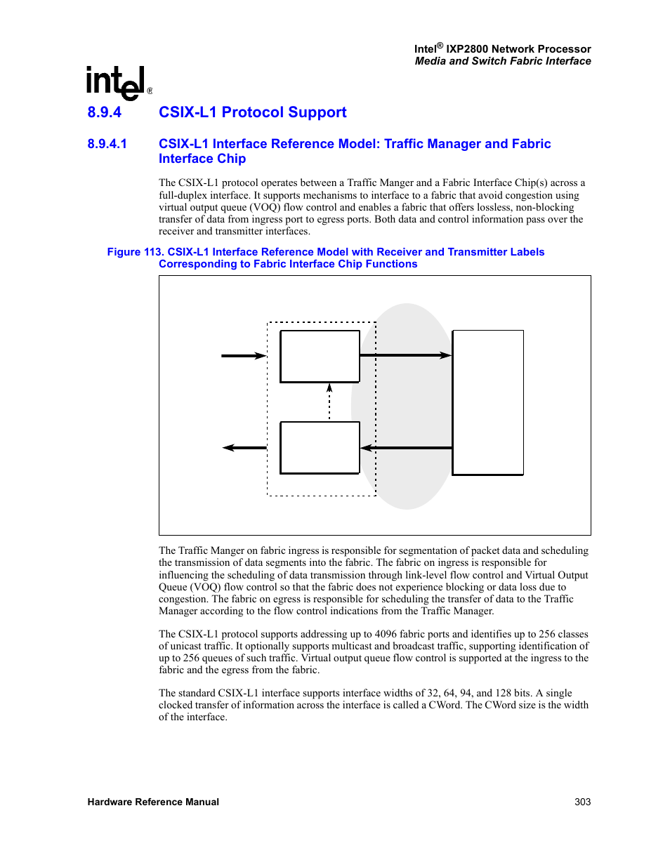 4 csix-l1 protocol support, Csix-l1 protocol support 8.9.4.1, Interface chip | Corresponding to fabric interface chip functions | Intel NETWORK PROCESSOR IXP2800 User Manual | Page 303 / 430