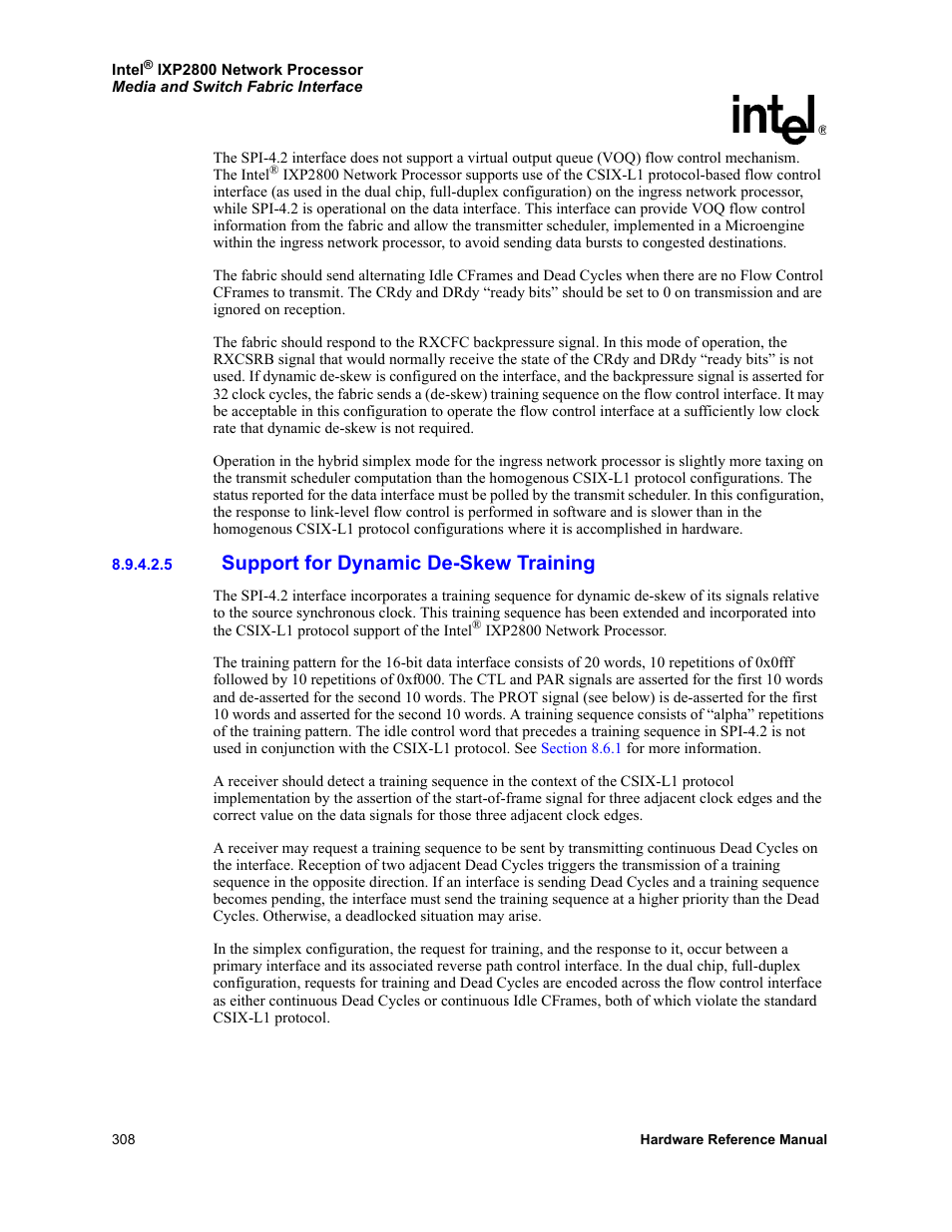 5 support for dynamic de-skew training, Support for dynamic de-skew training | Intel NETWORK PROCESSOR IXP2800 User Manual | Page 308 / 430