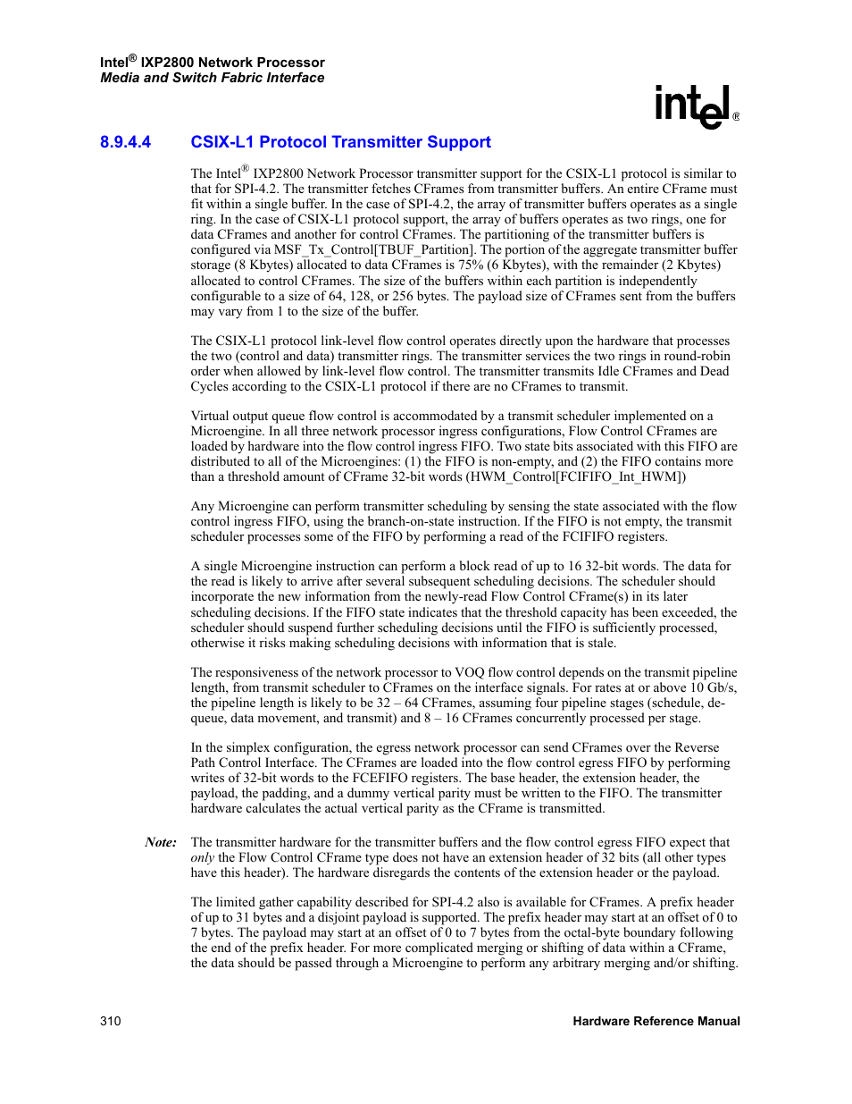 4 csix-l1 protocol transmitter support, Csix-l1 protocol transmitter support | Intel NETWORK PROCESSOR IXP2800 User Manual | Page 310 / 430