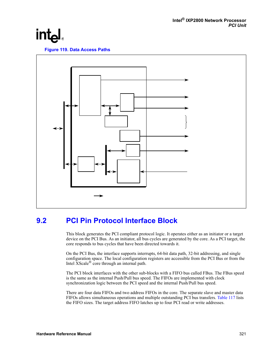 2 pci pin protocol interface block, Pci pin protocol interface block, 119 data access paths | Intel NETWORK PROCESSOR IXP2800 User Manual | Page 321 / 430