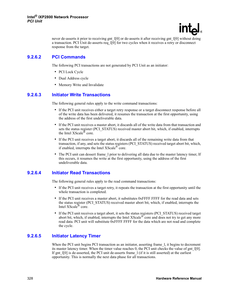 2 pci commands, 3 initiator write transactions, 4 initiator read transactions | 5 initiator latency timer, Pci commands, Initiator write transactions, Initiator read transactions, Initiator latency timer | Intel NETWORK PROCESSOR IXP2800 User Manual | Page 328 / 430