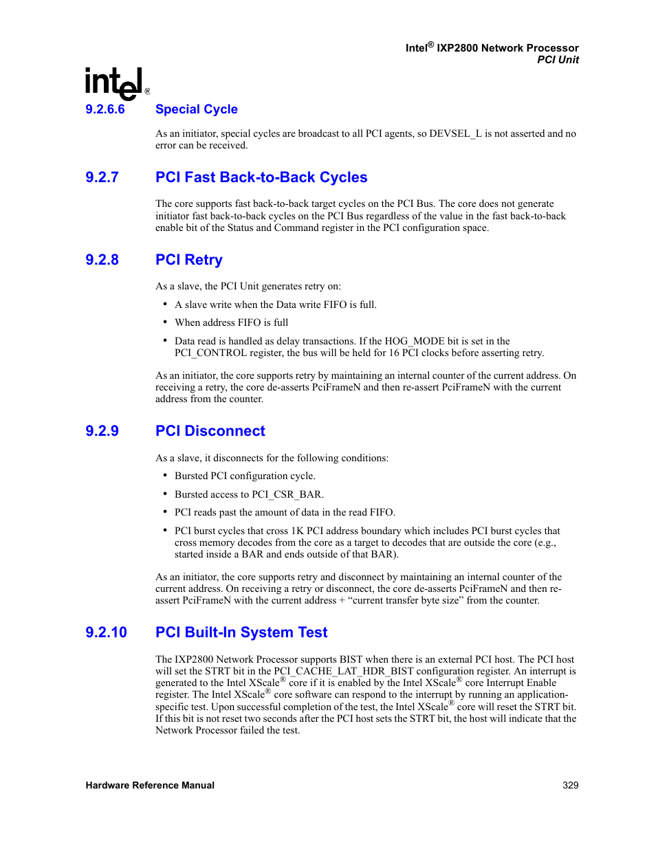 6 special cycle, 7 pci fast back-to-back cycles, 8 pci retry | 9 pci disconnect, 10 pci built-in system test, Special cycle, Pci fast back-to-back cycles, Pci retry, Pci disconnect | Intel NETWORK PROCESSOR IXP2800 User Manual | Page 329 / 430