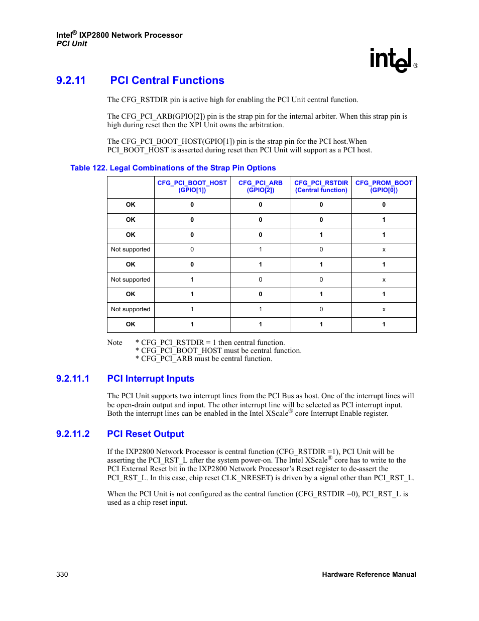 11 pci central functions, 1 pci interrupt inputs, 2 pci reset output | 122 legal combinations of the strap pin options, Section 9.2.11 | Intel NETWORK PROCESSOR IXP2800 User Manual | Page 330 / 430