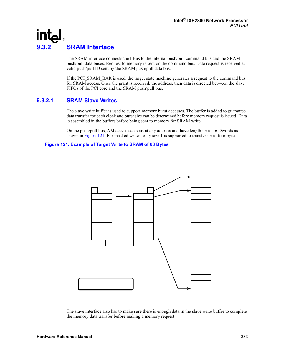 2 sram interface, 1 sram slave writes, Sram interface 9.3.2.1 | Sram slave writes, 121 example of target write to sram of 68 bytes | Intel NETWORK PROCESSOR IXP2800 User Manual | Page 333 / 430