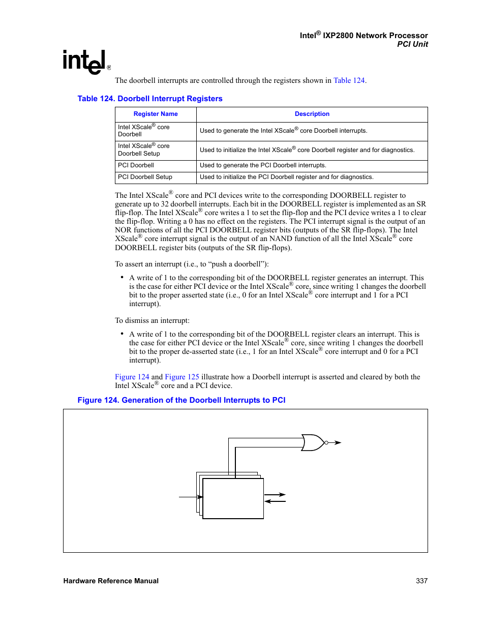 124 generation of the doorbell interrupts to pci, 124 doorbell interrupt registers | Intel NETWORK PROCESSOR IXP2800 User Manual | Page 337 / 430