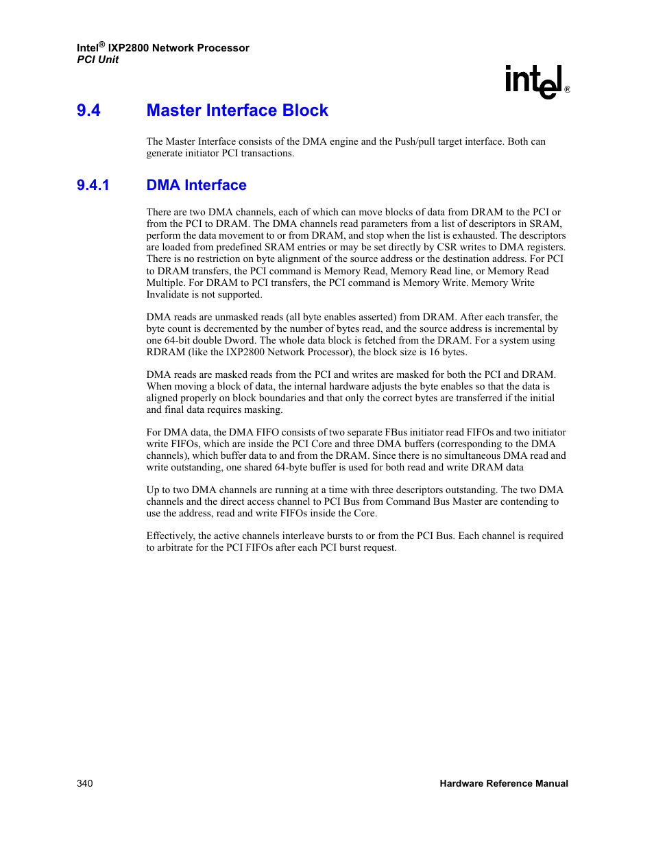 4 master interface block, 1 dma interface, Master interface block 9.4.1 | Dma interface | Intel NETWORK PROCESSOR IXP2800 User Manual | Page 340 / 430