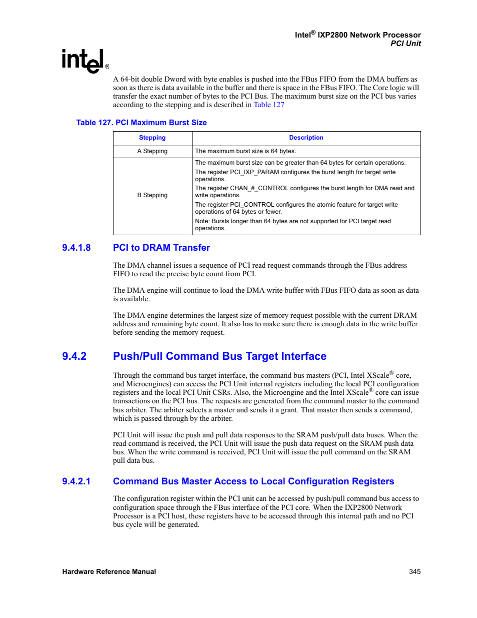 8 pci to dram transfer, 2 push/pull command bus target interface, Pci to dram transfer | Push/pull command bus target interface 9.4.2.1, 127 pci maximum burst size | Intel NETWORK PROCESSOR IXP2800 User Manual | Page 345 / 430