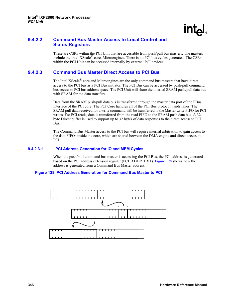 3 command bus master direct access to pci bus, 1 pci address generation for io and mem cycles, Command bus master access to local control and | Status registers, Command bus master direct access to pci bus, Intel, Ixp2800 network processor pci unit, The intel xscale, 346 hardware reference manual | Intel NETWORK PROCESSOR IXP2800 User Manual | Page 346 / 430