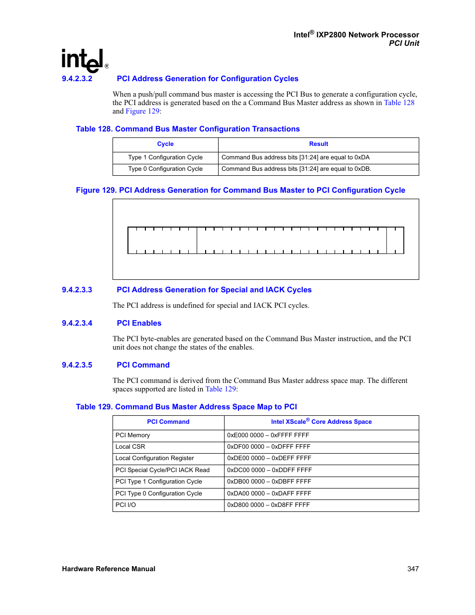 2 pci address generation for configuration cycles, 4 pci enables, 5 pci command | Intel NETWORK PROCESSOR IXP2800 User Manual | Page 347 / 430