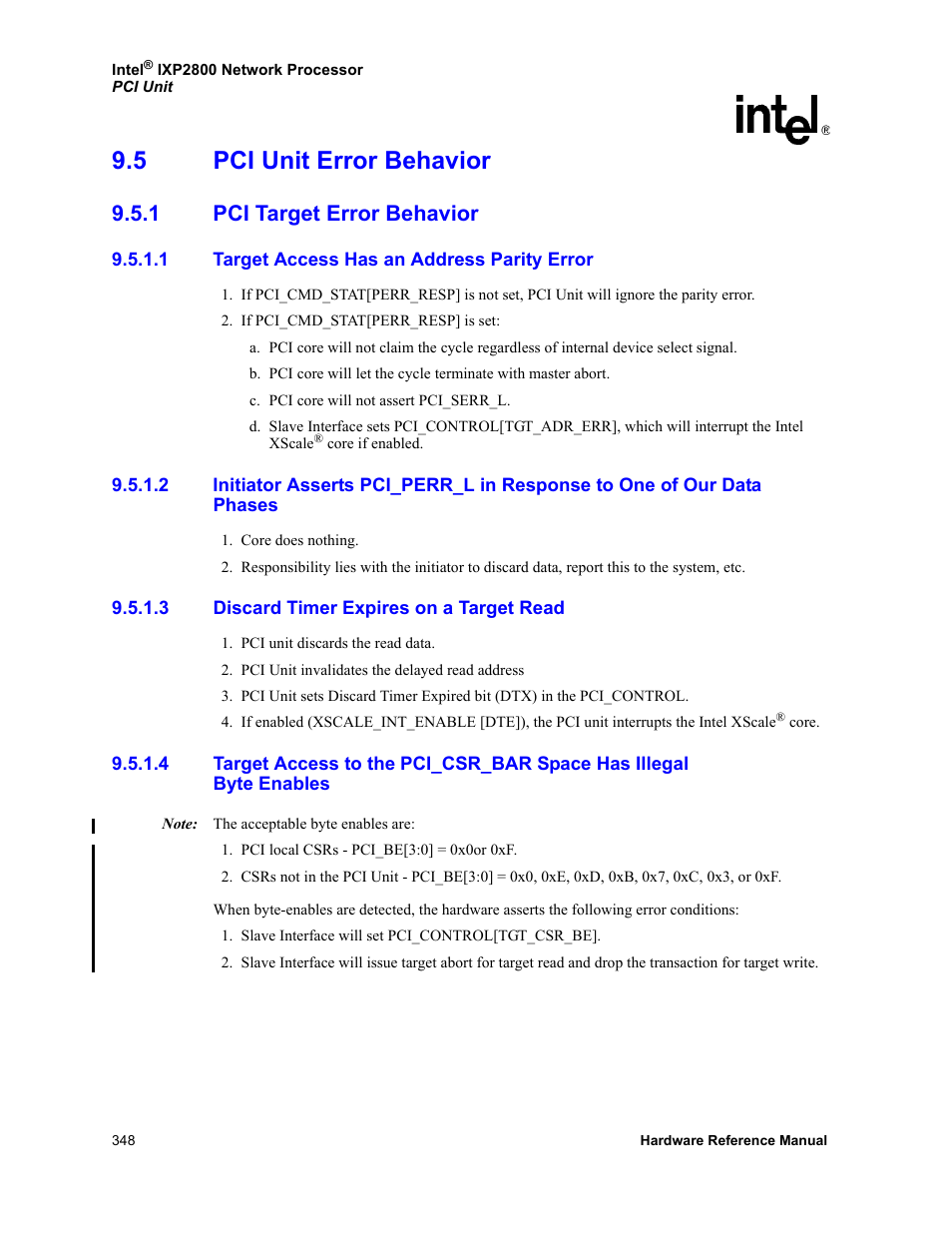 5 pci unit error behavior, 1 pci target error behavior, 1 target access has an address parity error | 3 discard timer expires on a target read, Pci unit error behavior 9.5.1, Pci target error behavior 9.5.1.1, Target access has an address parity error, Phases, Discard timer expires on a target read, Target access to the pci_csr_bar space has illegal | Intel NETWORK PROCESSOR IXP2800 User Manual | Page 348 / 430