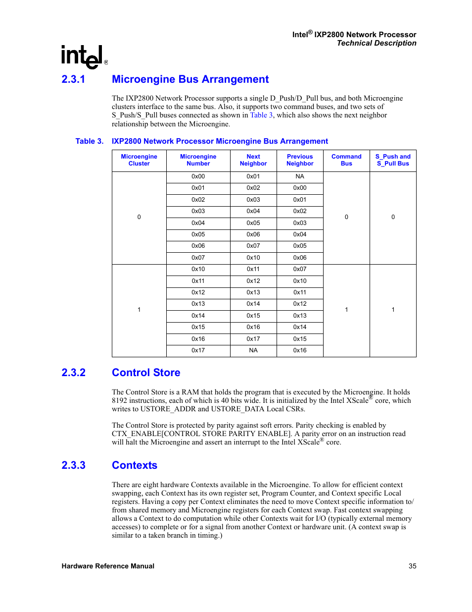 1 microengine bus arrangement, 2 control store, 3 contexts | Microengine bus arrangement, Control store, Contexts | Intel NETWORK PROCESSOR IXP2800 User Manual | Page 35 / 430