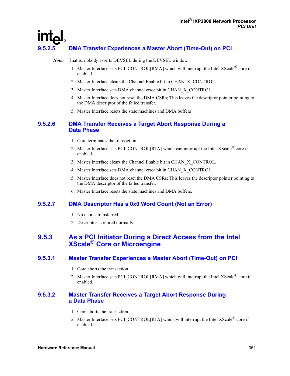 Data phase, Dma descriptor has a 0x0 word count (not an error), Xscale® core or microengine 9.5.3.1 | A data phase, Figures, Core or microengine | Intel NETWORK PROCESSOR IXP2800 User Manual | Page 351 / 430