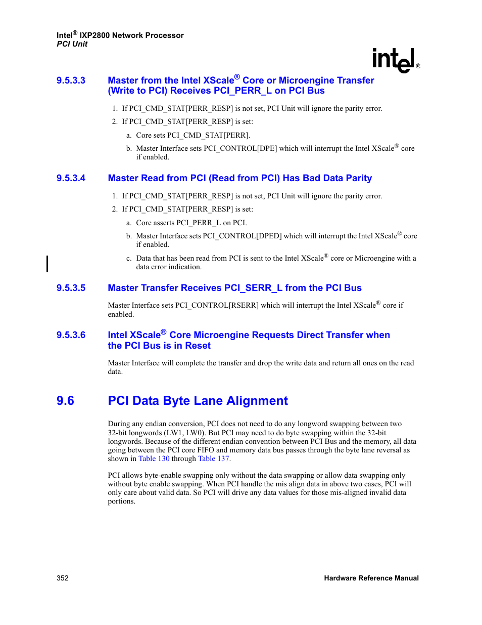 6 pci data byte lane alignment, Write to pci) receives pci_perr_l on pci bus, The pci bus is in reset | Pci data byte lane alignment | Intel NETWORK PROCESSOR IXP2800 User Manual | Page 352 / 430