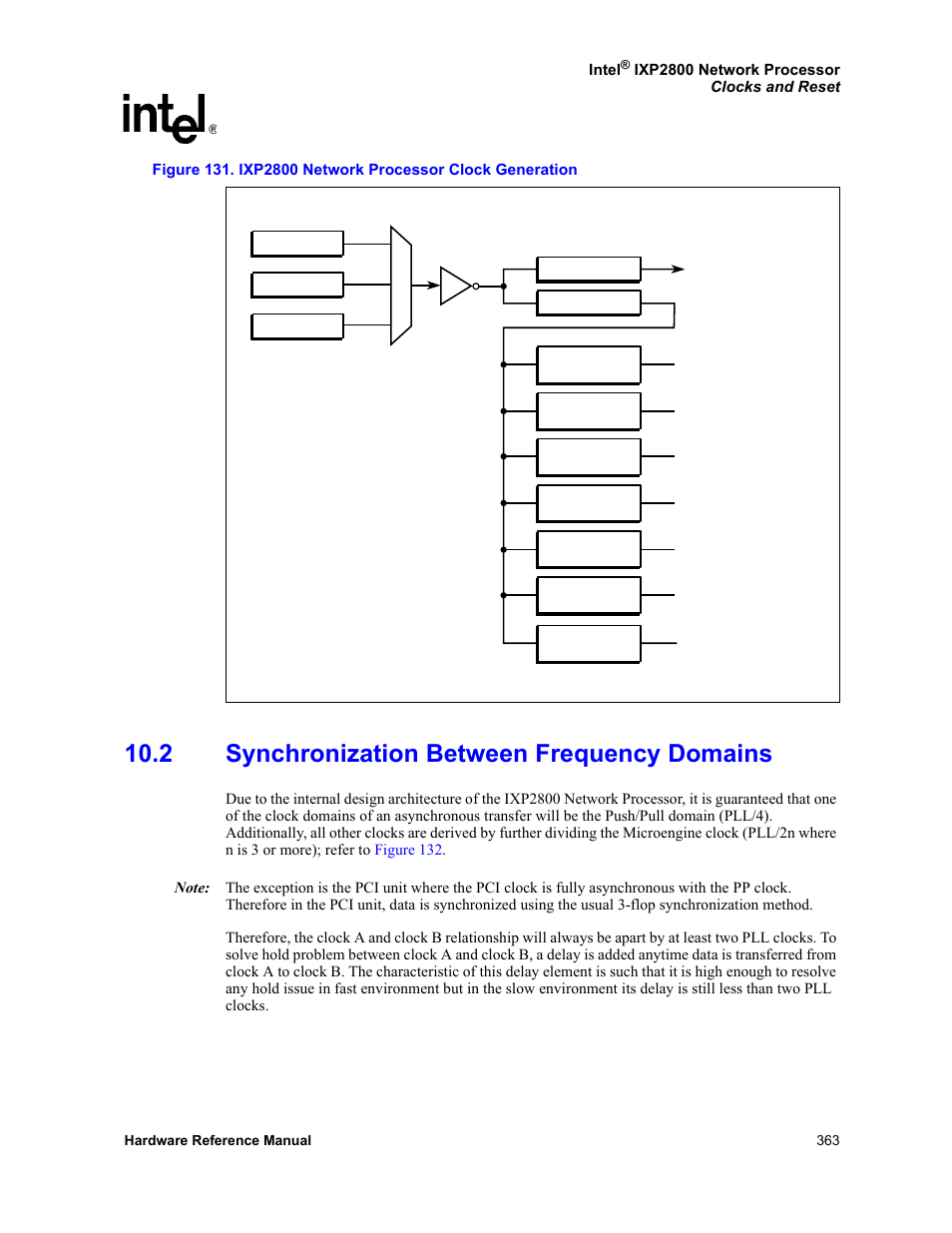 2 synchronization between frequency domains, 131 ixp2800 network processor clock generation | Intel NETWORK PROCESSOR IXP2800 User Manual | Page 363 / 430