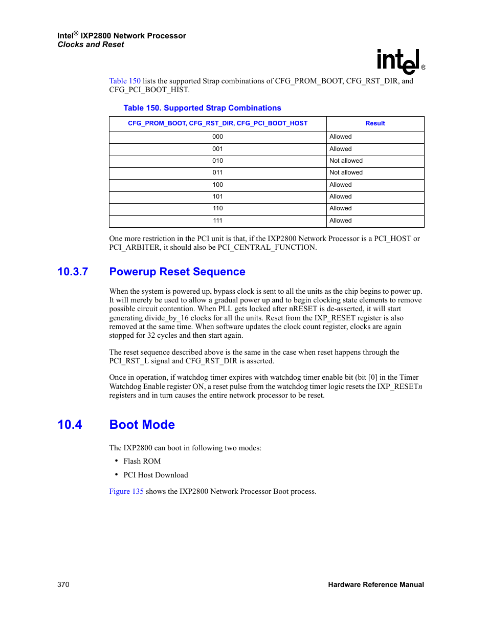 7 powerup reset sequence, 4 boot mode, 150 supported strap combinations | Intel NETWORK PROCESSOR IXP2800 User Manual | Page 370 / 430