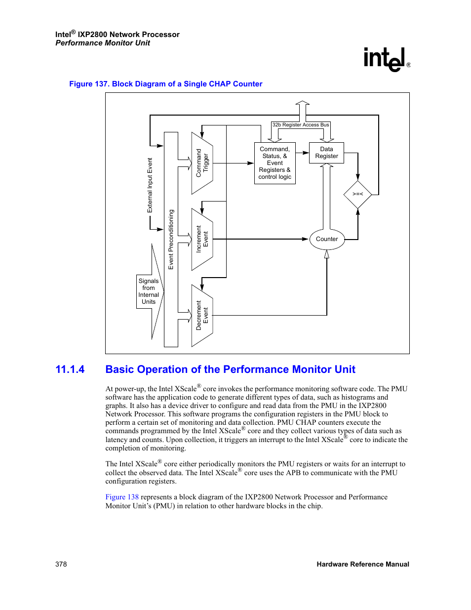 4 basic operation of the performance monitor unit, 137 block diagram of a single chap counter | Intel NETWORK PROCESSOR IXP2800 User Manual | Page 378 / 430