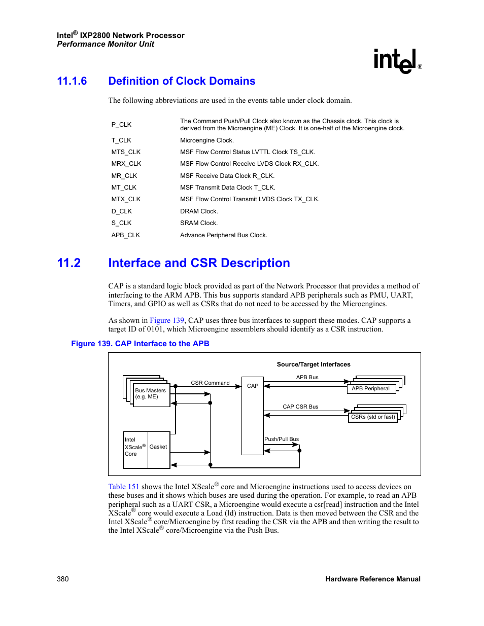 6 definition of clock domains, 2 interface and csr description, 139 cap interface to the apb | Intel NETWORK PROCESSOR IXP2800 User Manual | Page 380 / 430