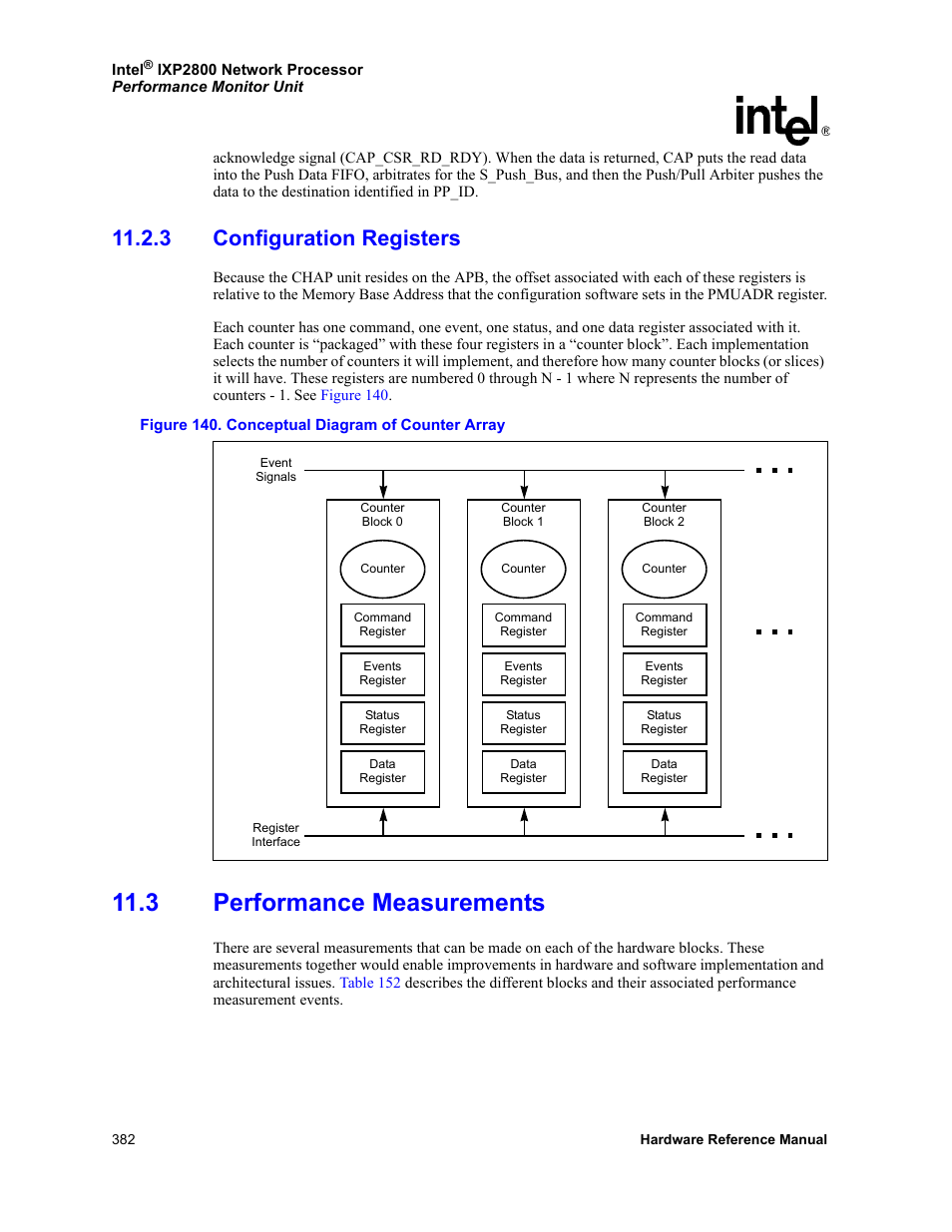 3 configuration registers, 3 performance measurements, 140 conceptual diagram of counter array | Intel NETWORK PROCESSOR IXP2800 User Manual | Page 382 / 430