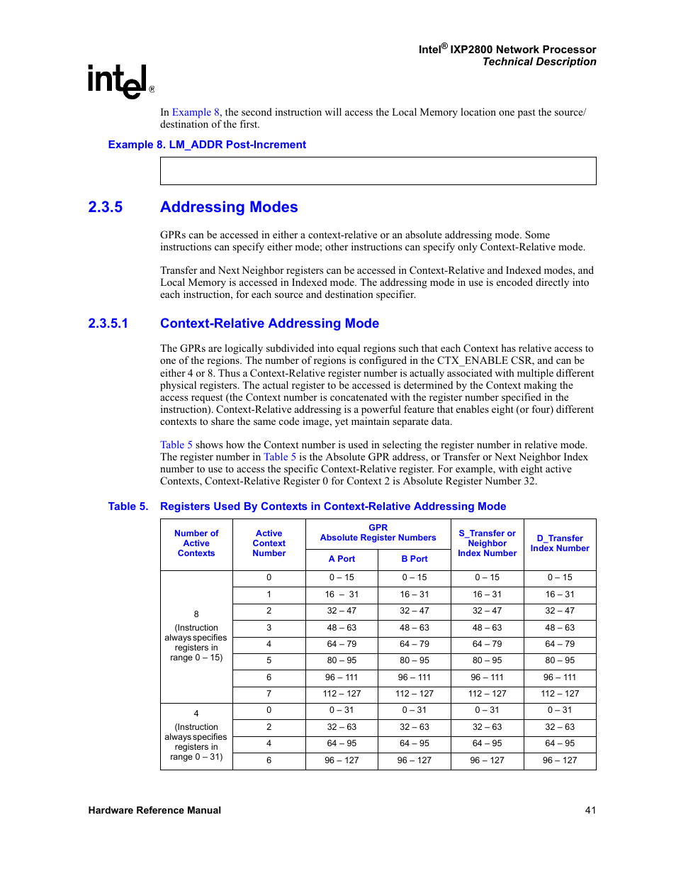 5 addressing modes, 1 context-relative addressing mode, Addressing modes 2.3.5.1 | Context-relative addressing mode, Table 5 | Intel NETWORK PROCESSOR IXP2800 User Manual | Page 41 / 430