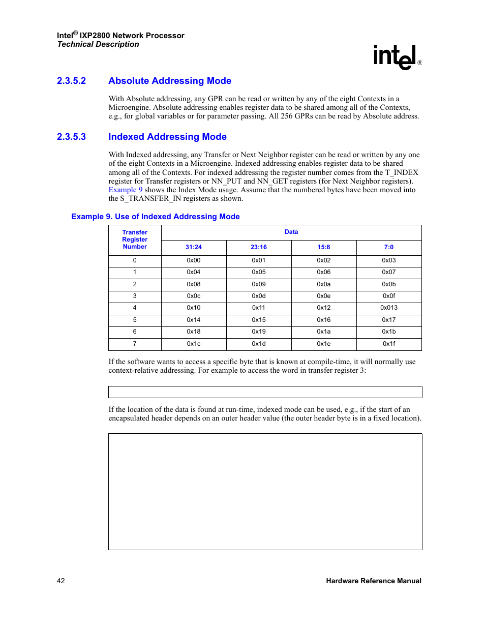 2 absolute addressing mode, 3 indexed addressing mode, Absolute addressing mode | Indexed addressing mode | Intel NETWORK PROCESSOR IXP2800 User Manual | Page 42 / 430