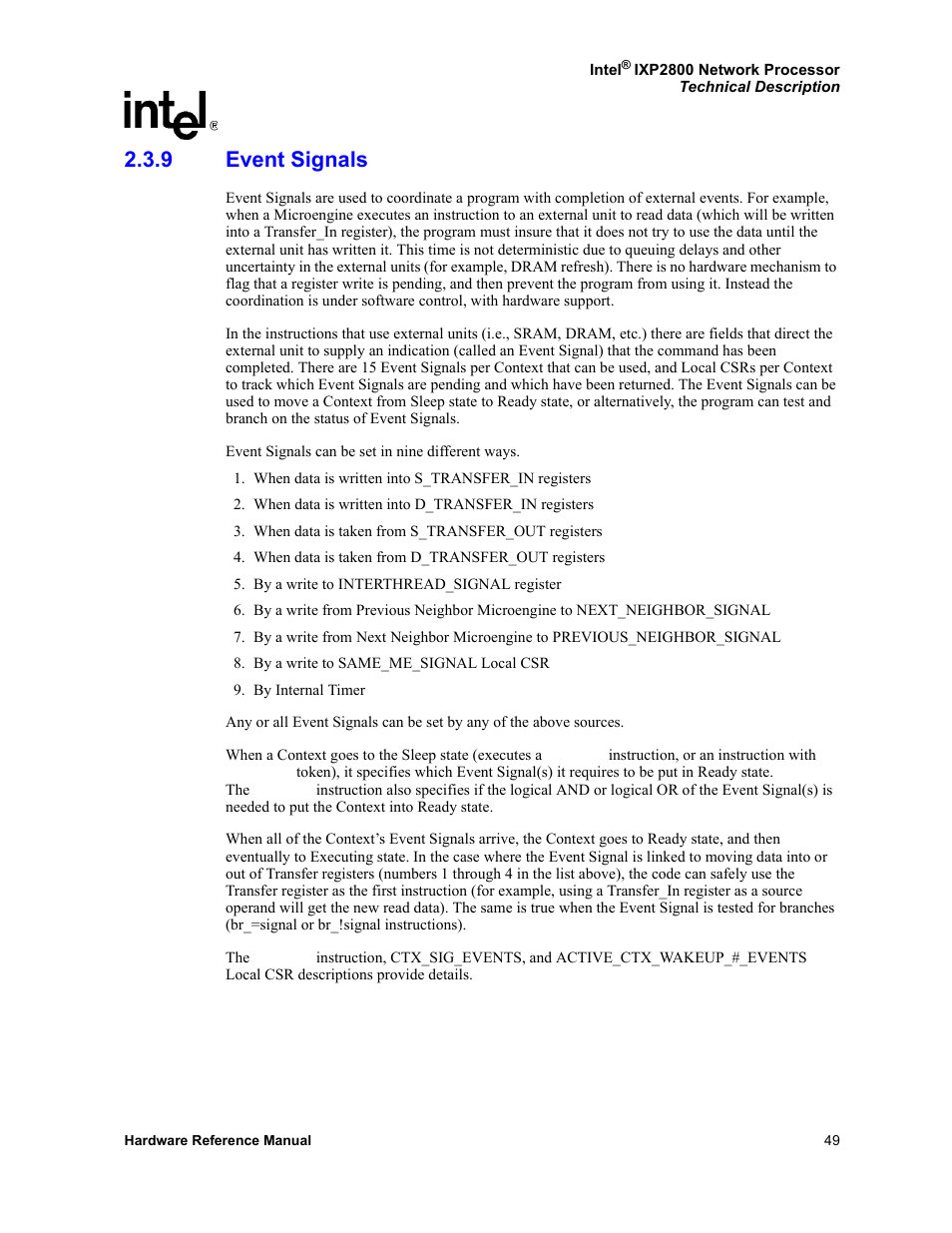 9 event signals, Event signals | Intel NETWORK PROCESSOR IXP2800 User Manual | Page 49 / 430