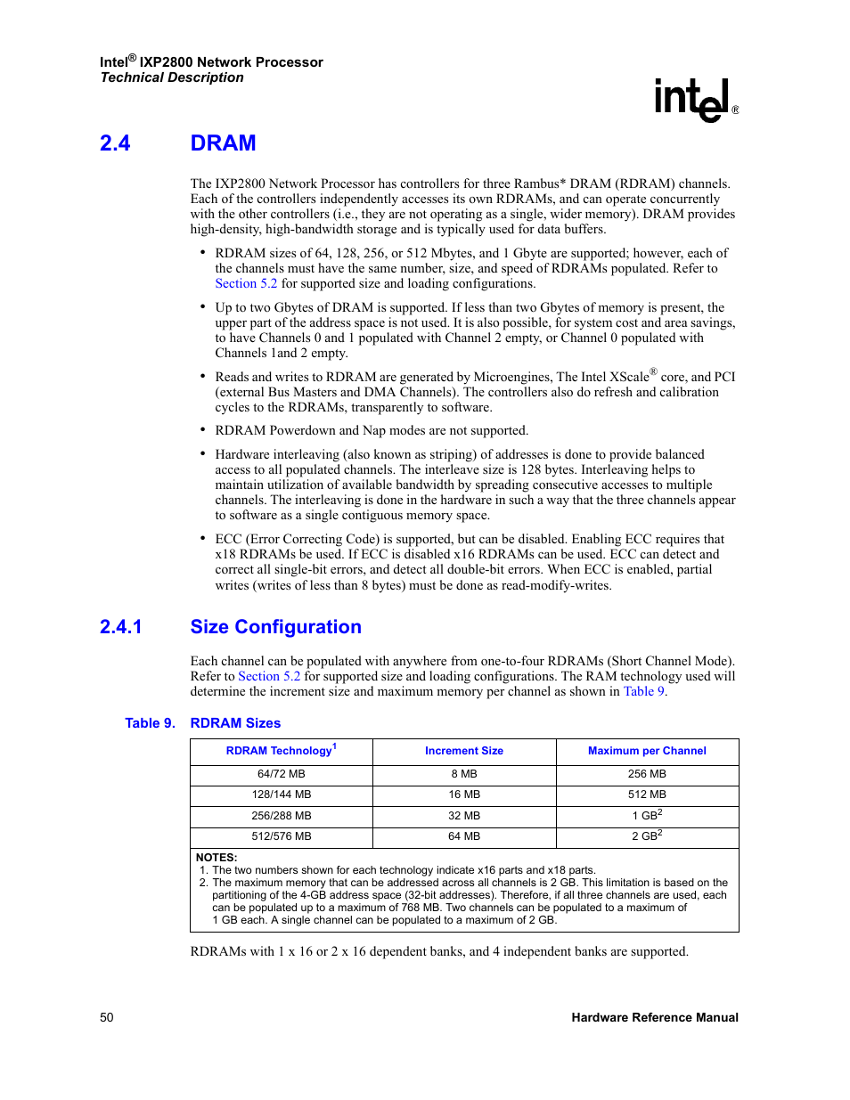 4 dram, 1 size configuration, Dram 2.4.1 | Size configuration, Rdram sizes | Intel NETWORK PROCESSOR IXP2800 User Manual | Page 50 / 430