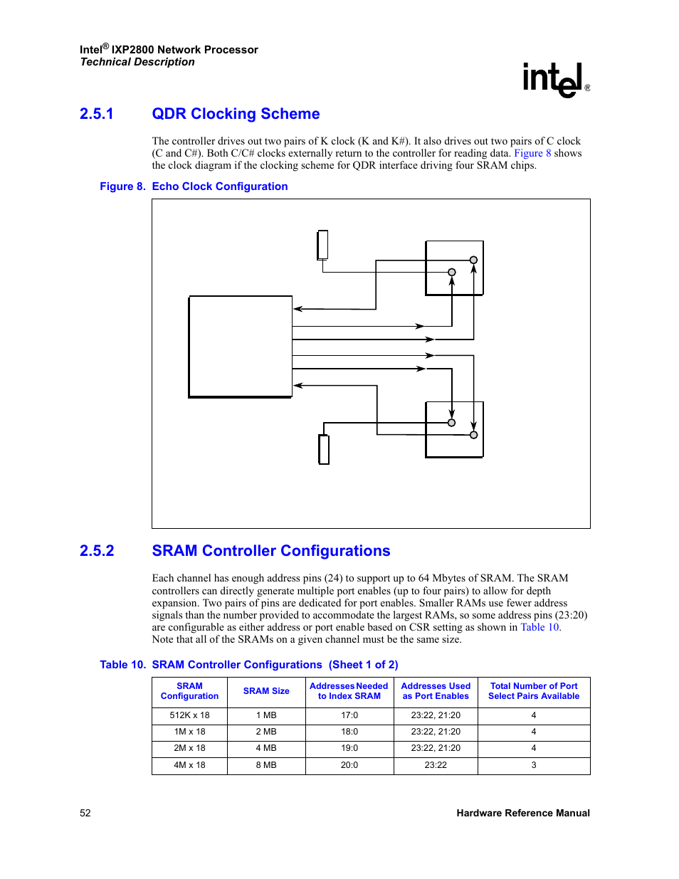 1 qdr clocking scheme, 2 sram controller configurations, Qdr clocking scheme | Sram controller configurations, Echo clock configuration, 10 sram controller configurations | Intel NETWORK PROCESSOR IXP2800 User Manual | Page 52 / 430
