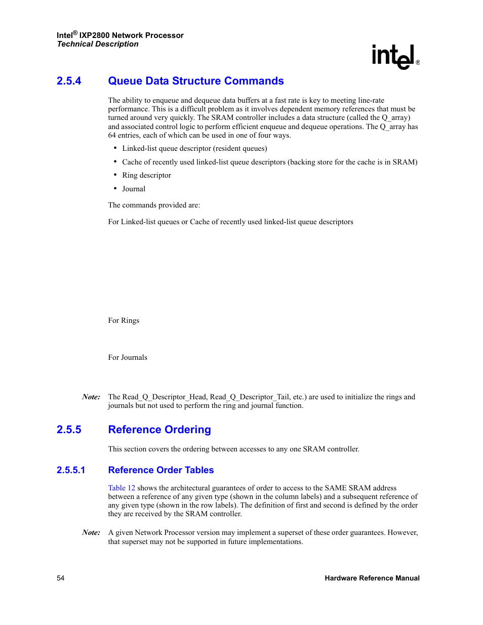 4 queue data structure commands, 5 reference ordering, 1 reference order tables | Queue data structure commands, Reference ordering 2.5.5.1, Reference order tables | Intel NETWORK PROCESSOR IXP2800 User Manual | Page 54 / 430